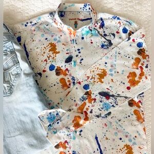 Visconti Men's Splatter Print Casual Button Down Shirt - White and Multicolor